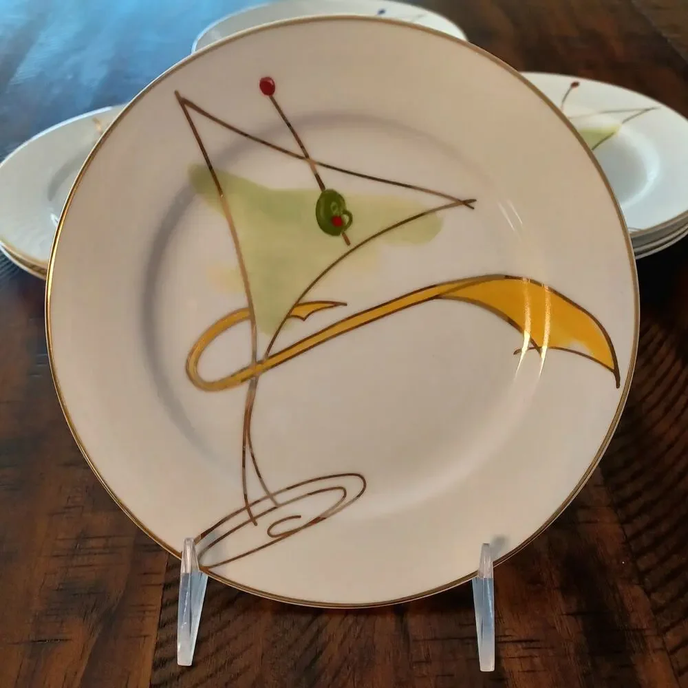 Vintage 1990s Pier 1 Martini Glass Appetizer Plates Set of 9 EUC Porcelain Retro